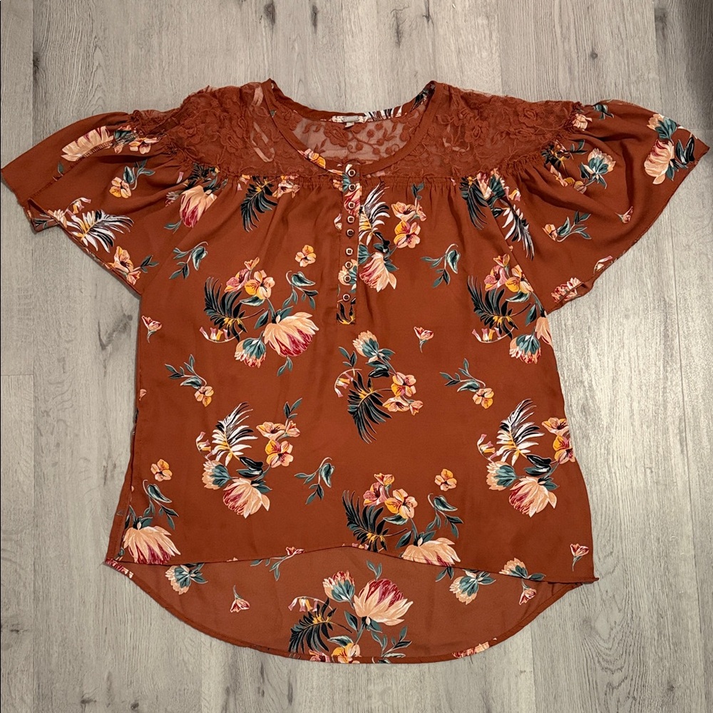 Gimmicks by BKE from bootbarn Rust Floral Lace Yoke Short Sleeve Blouse